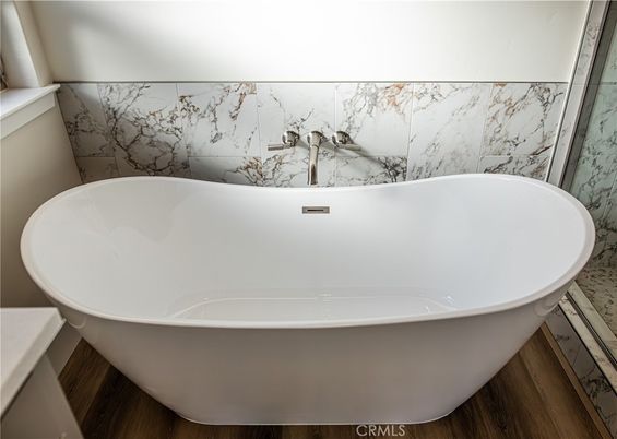 Bathroom, Free Standing Baths, Interior, Marble Walls, Wood Texture Flooring