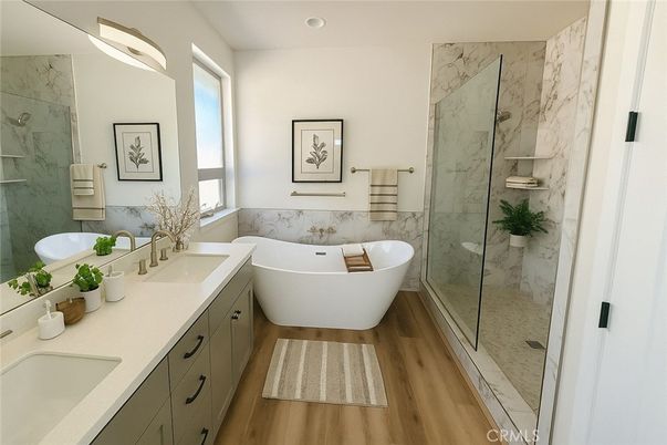 Bathroom, Dual Sink Vanities, Free Standing Baths, Glass Shower, Interior, Marble Walls, Recessed Lighting, Wood Texture Flooring