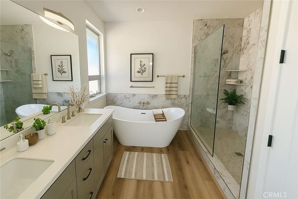 Bathroom, Dual Sink Vanities, Free Standing Baths, Glass Shower, Interior, Marble Walls, Recessed Lighting, Wood Texture Flooring