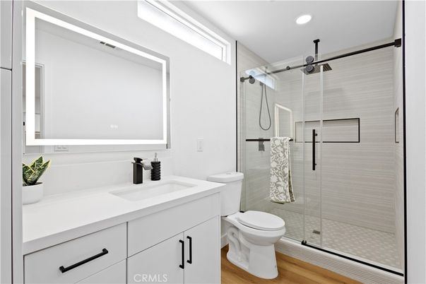 Bathroom, Glass Shower, Interior, Recessed Lighting, Wood Texture Flooring