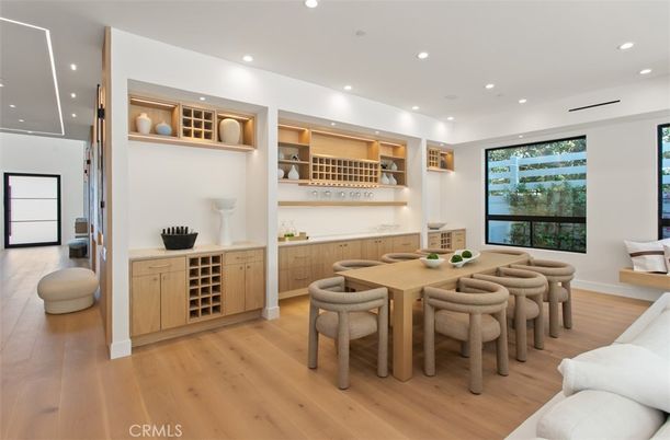Dining room, Interior, Projection Screen, Recessed Lighting, Wood Texture Flooring
