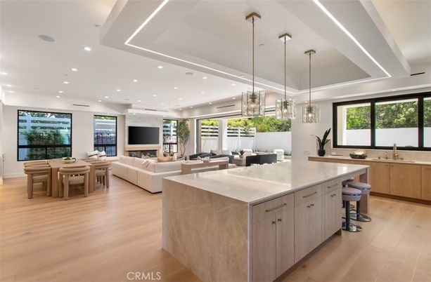 Dining room, Fireplace, Interior, Kitchen, Living room, Pendant Lights, Recessed Lighting, Wood Texture Flooring