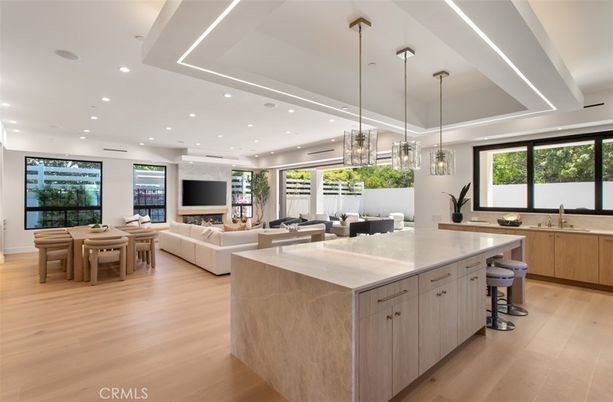 Dining room, Fireplace, Interior, Kitchen, Living room, Pendant Lights, Recessed Lighting, Wood Texture Flooring