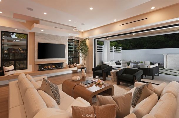 Fireplace, Interior, Living room, Recessed Lighting, Wood Texture Flooring