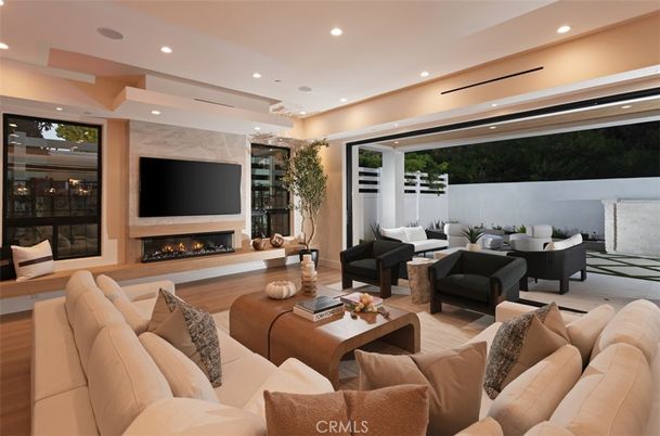 Fireplace, Interior, Living room, Recessed Lighting, Wood Texture Flooring