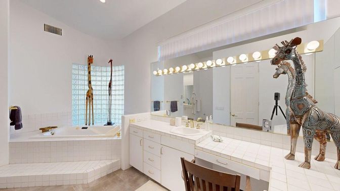 Bathroom, Dual Sink Vanities, Interior, Recessed Lighting, Tile Countertops