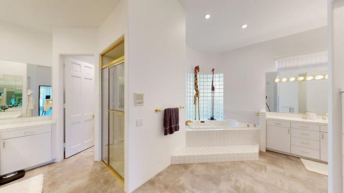 Bathroom, Dual Sink Vanities, Glass Shower, Interior, Recessed Lighting