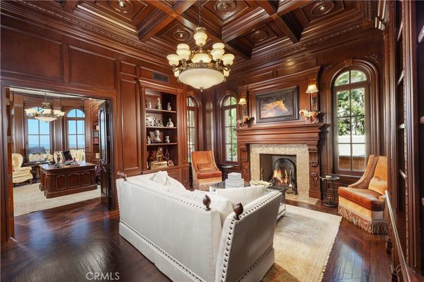 Chandelier, Fireplace, Interior, Living room, Recessed Lighting, Wooden Beams, Wooden Ceilings, Wood Texture Flooring, Wooden Walls