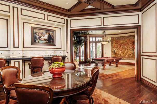 Billiard Table, Dining room, Game Room, Interior, Pendant Lights, Recessed Lighting, Wood Texture Flooring