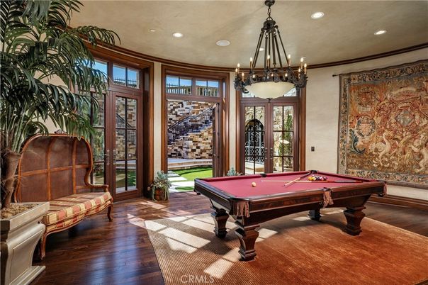 Billiard Table, Game Room, Interior, Pendant Lights, Recessed Lighting, Wood Texture Flooring