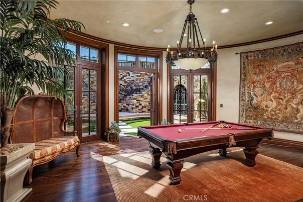 Billiard Table, Game Room, Interior, Pendant Lights, Recessed Lighting, Wood Texture Flooring