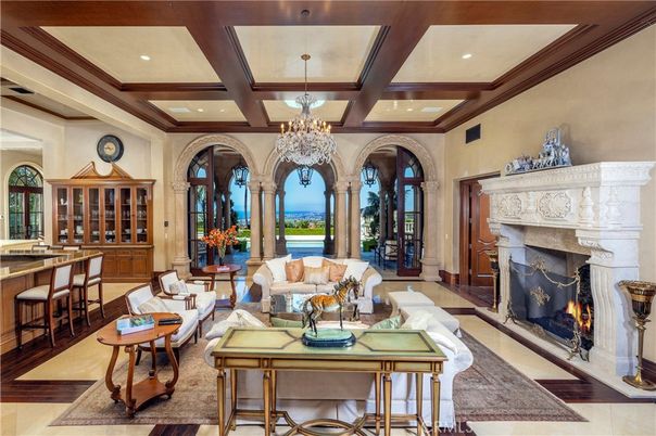 Chandelier, Fireplace, Interior, Living room, Recessed Lighting, Wooden Beams