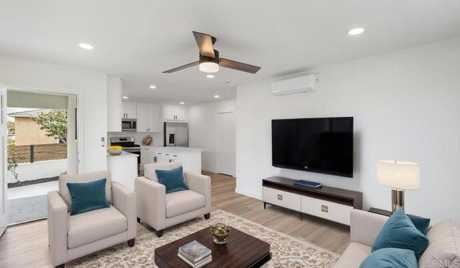Interior, Kitchen, Living room, Recessed Lighting, Stainless Steel Appliances, Wood Texture Flooring