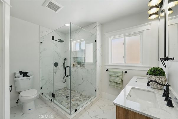 Bathroom, Glass Shower, Interior, Marble, Marble Walls, Recessed Lighting