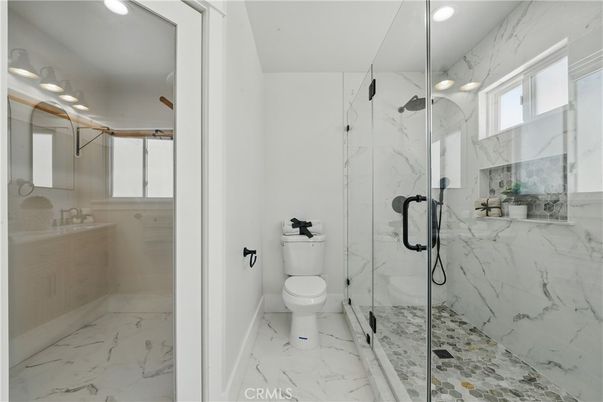 Bathroom, Glass Shower, Interior, Marble, Marble Walls, Recessed Lighting