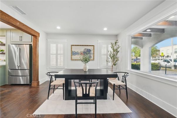 Dining room, Interior, Kitchen, Recessed Lighting, Stainless Steel Appliances, Wood Texture Flooring