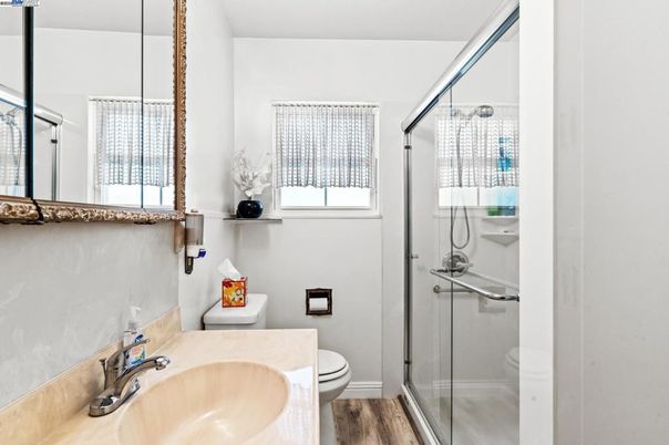 Bathroom, Glass Shower, Interior, Wood Texture Flooring