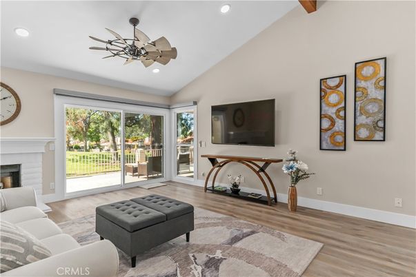 Fireplace, Interior, Living room, Recessed Lighting, Wood Texture Flooring