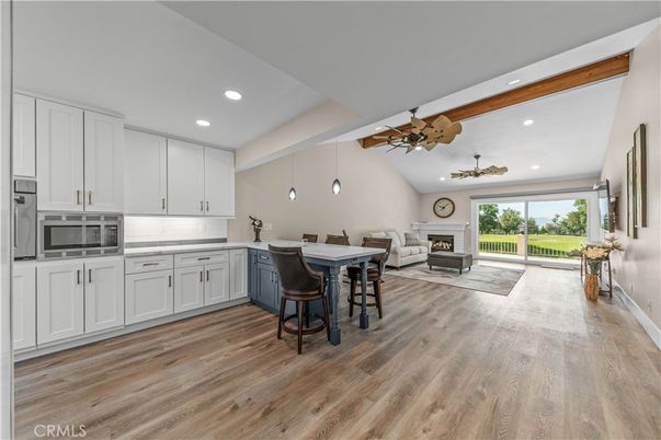 Fireplace, Interior, Kitchen, Pendant Lights, Recessed Lighting, Wood Texture Flooring