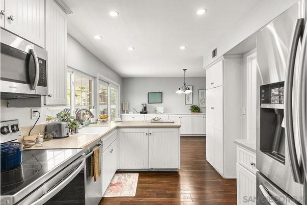 Interior, Kitchen, Pendant Lights, Recessed Lighting, Stainless Steel Appliances, Wood Texture Flooring
