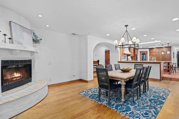 Chandelier, Dining room, Fireplace, Interior, Kitchen, Pendant Lights, Recessed Lighting, Wood Texture Flooring