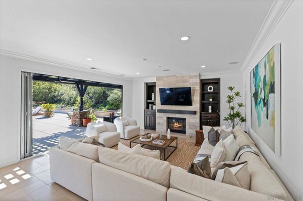 Fireplace, Interior, Living room, Recessed Lighting, Stone Walls