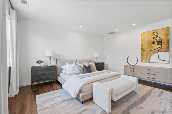 Bedroom, Interior, Recessed Lighting, Wood Texture Flooring