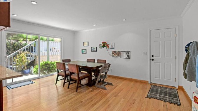 Dining room, Interior, Recessed Lighting, Wood Texture Flooring