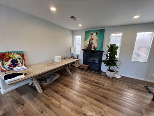 Fireplace, Home Office, Interior, Recessed Lighting, Wood Texture Flooring