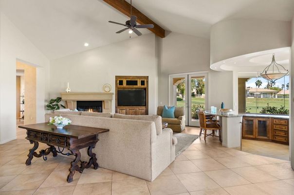 Dining room, Fireplace, Interior, Living room, Pendant Lights, Recessed Lighting, Wooden Beams