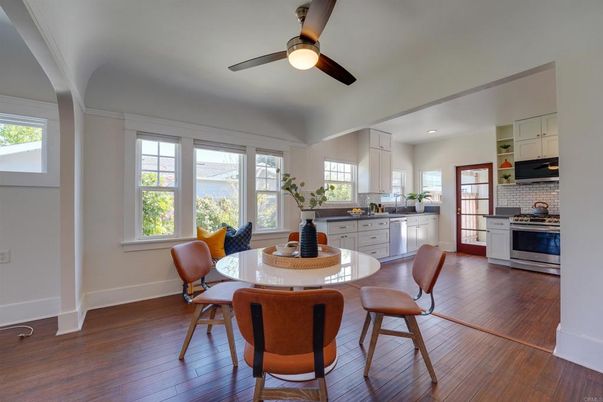 Dining room, Interior, Kitchen, Recessed Lighting, Stainless Steel Appliances, Wood Texture Flooring