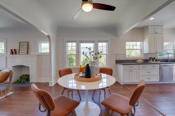 Dining room, Fireplace, Interior, Kitchen, Recessed Lighting, Wood Texture Flooring