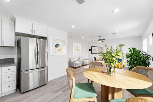 Dining room, Interior, Kitchen, Living room, Recessed Lighting, Stainless Steel Appliances, Wood Texture Flooring