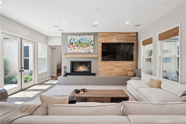 Fireplace, Interior, Living room, Recessed Lighting, Wooden Walls