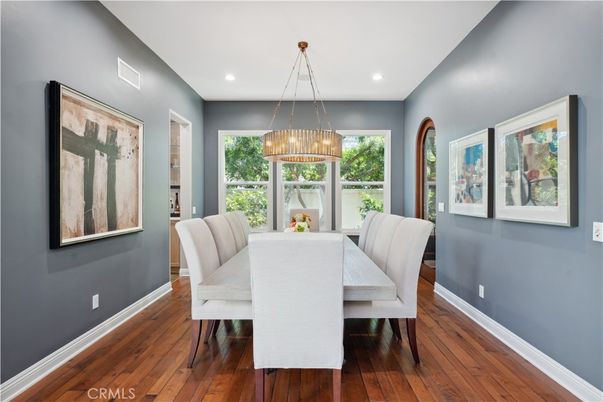 Dining room, Interior, Pendant Lights, Recessed Lighting, Wood Texture Flooring