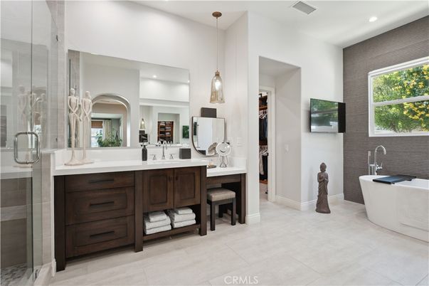 Bathroom, Dual Sink Vanities, Glass Shower, Interior, Pendant Lights, Recessed Lighting