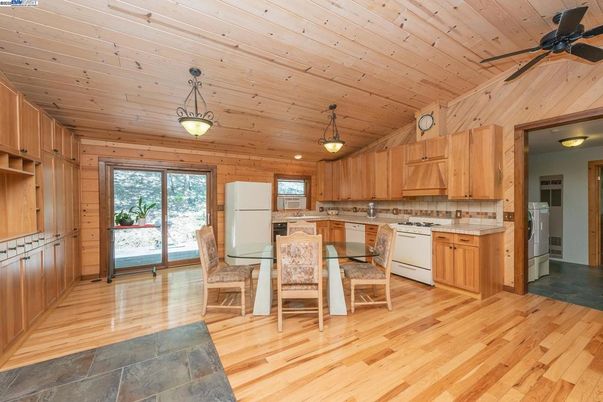 Dining room, Interior, Kitchen, Pendant Lights, Wooden Ceilings, Wood Texture Flooring, Wooden Walls