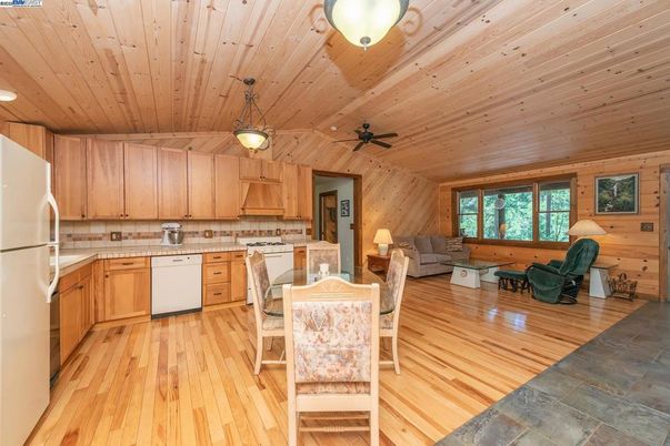 Interior, Kitchen, Living room, Pendant Lights, Wooden Ceilings, Wood Texture Flooring, Wooden Walls