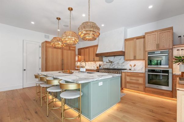 Chandelier, Interior, Kitchen, Pendant Lights, Recessed Lighting, Stainless Steel Appliances, Wood Texture Flooring