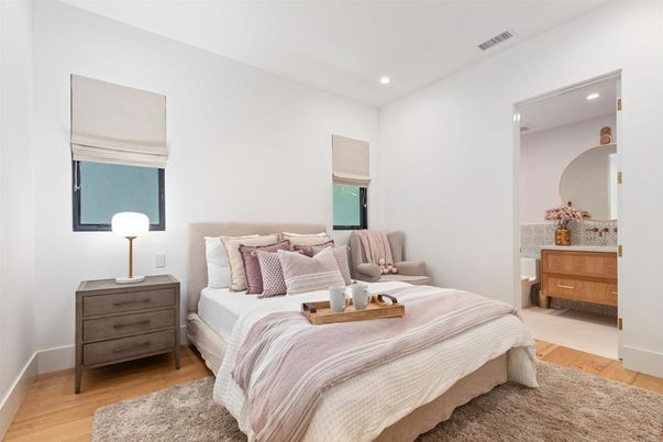 Bedroom, Interior, Recessed Lighting, Wood Texture Flooring
