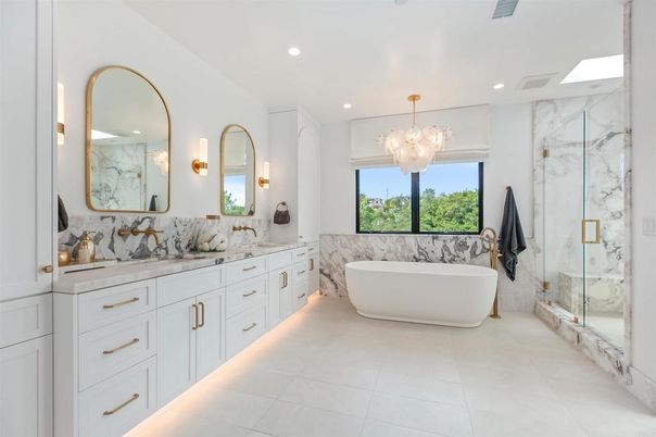 Bathroom, Dual Sink Vanities, Free Standing Baths, Glass Shower, Interior, Marble, Marble Walls, Recessed Lighting