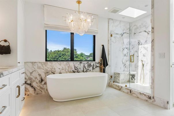 Bathroom, Free Standing Baths, Glass Shower, Interior, Marble Walls, Recessed Lighting