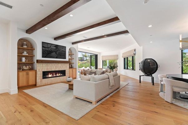 Fireplace, Interior, Living room, Recessed Lighting, Wooden Beams, Wood Texture Flooring