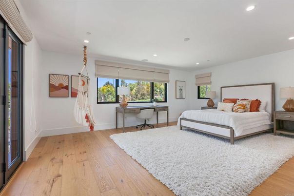 Bedroom, Home Office, Interior, Pendant Lights, Recessed Lighting, Wood Texture Flooring