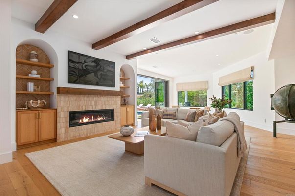 Fireplace, Interior, Living room, Recessed Lighting, Wooden Beams, Wood Texture Flooring