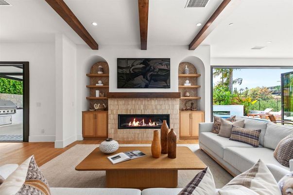 Fireplace, Interior, Living room, Recessed Lighting, Wooden Beams, Wood Texture Flooring