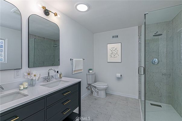 Bathroom, Dual Sink Vanities, Glass Shower, Interior, Recessed Lighting