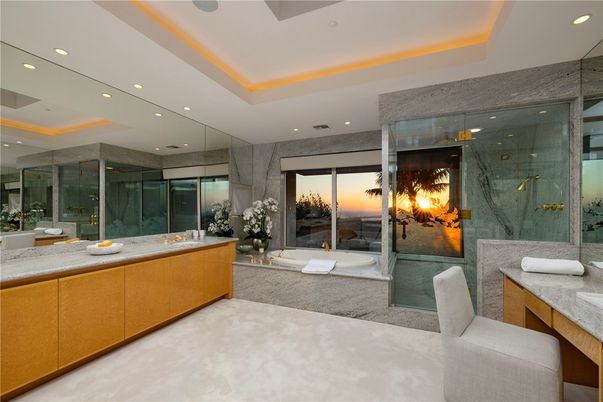 Bathroom, Glass Shower, Interior, Marble Walls, Recessed Lighting, Water