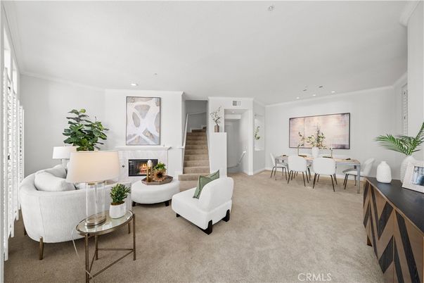 Dining room, Fireplace, Interior, Living room, Recessed Lighting