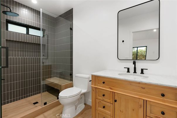 Bathroom, Glass Shower, Interior, Recessed Lighting, Wood Texture Flooring